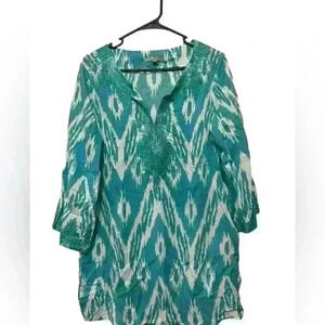 Joan Vass New York Aqua Blue Tunic Shirt, Embroidered, Ikat, Viscose, Size large
